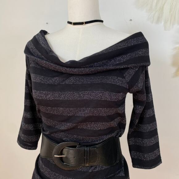VTG Bongo Womens Y2K Striped Sweater Dress Size L Off Shoulder Belted Grunge - Picture 2 of 10